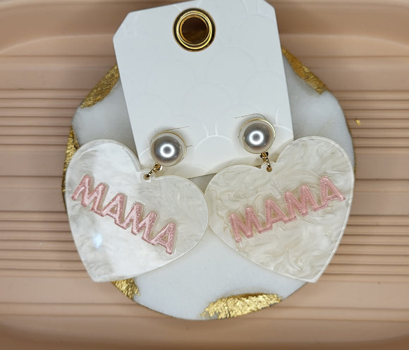 White Heart Shaped “Mama” Earrings