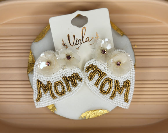 White Heart Shaped “Mom” Earring Set