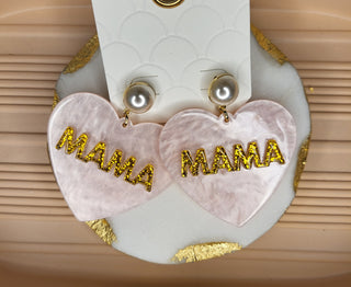 Pink Acrylic “Mama” Heart Earrings