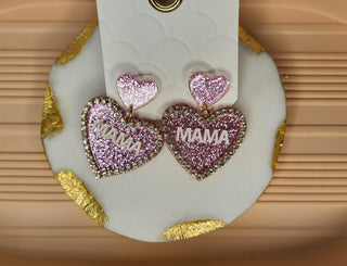 Pink Glitter Heart Shaped “Mama” Earring Set