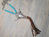 Leather Fringe Steer Skull Necklace