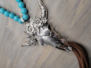 Leather Fringe Steer Skull Necklace